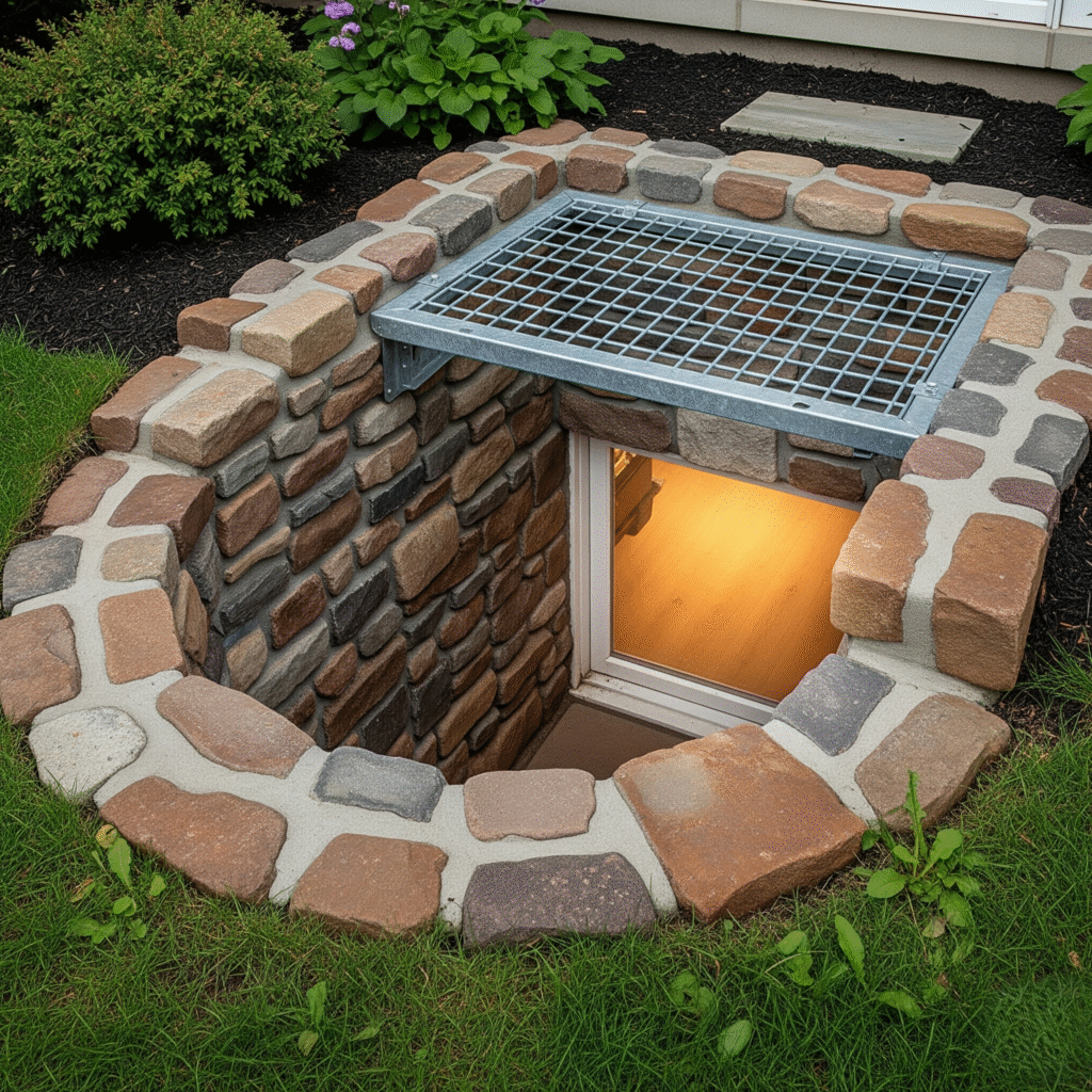 Decorative stone window well outside a basement window.