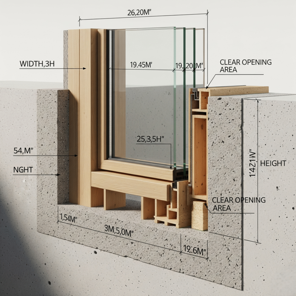 window dimensions width, height, and opening area.