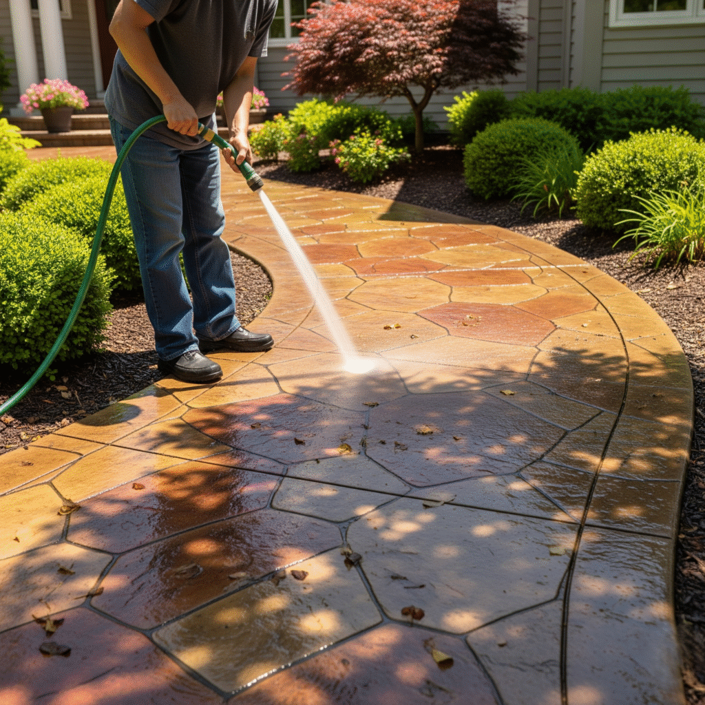 cleaning a stamped concrete walkway