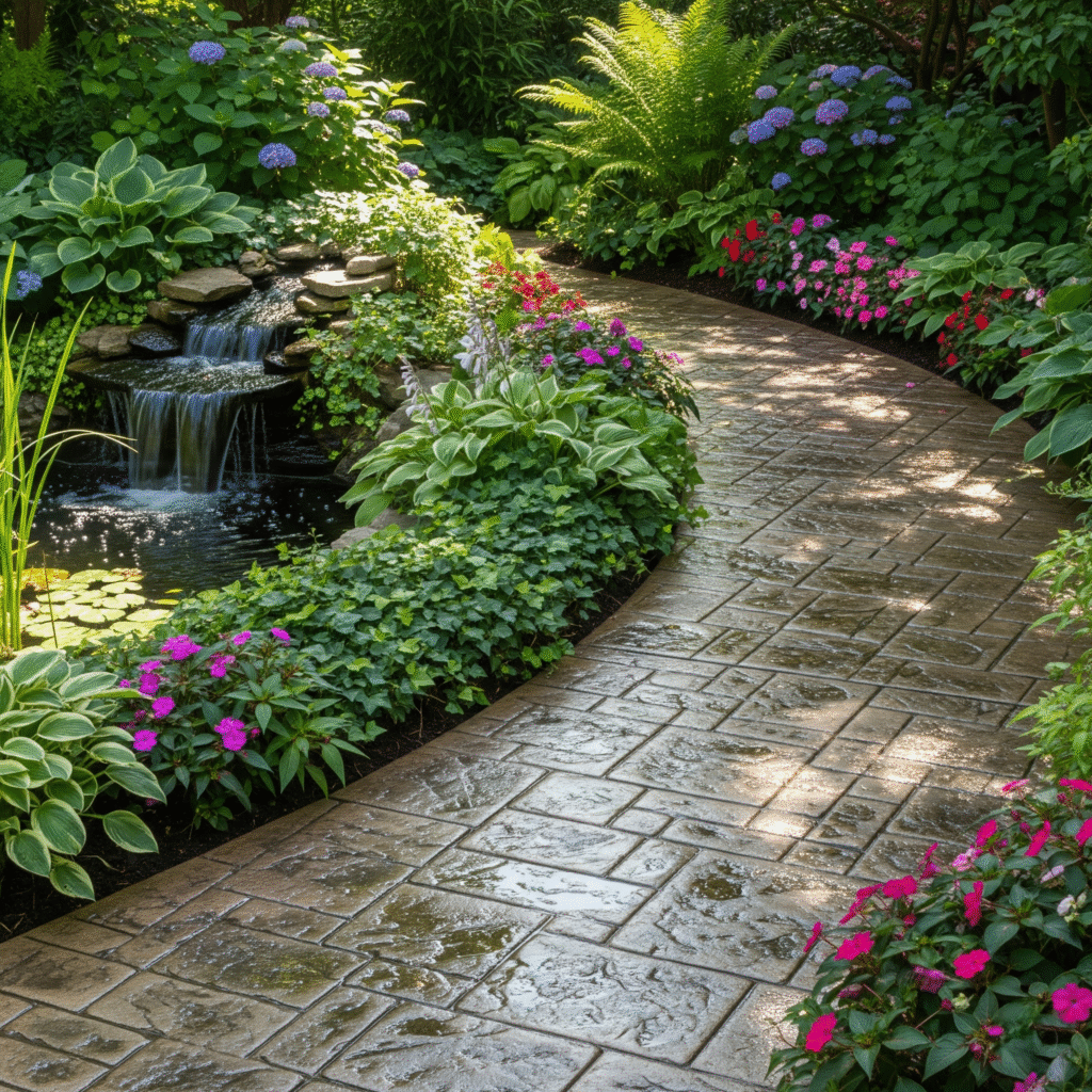 slip resistant stamped concrete path near a garden feature