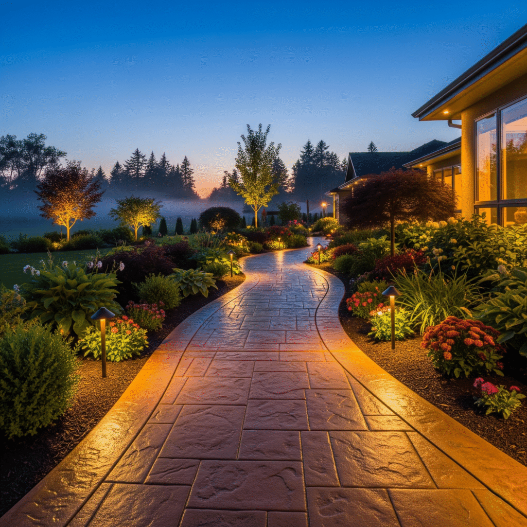 stamped concrete walkway integrated into a landscaped yard