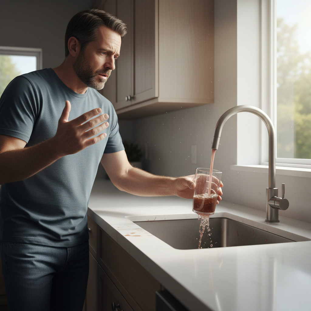 Homeowner noticing discolored water coming from a kitchen faucet