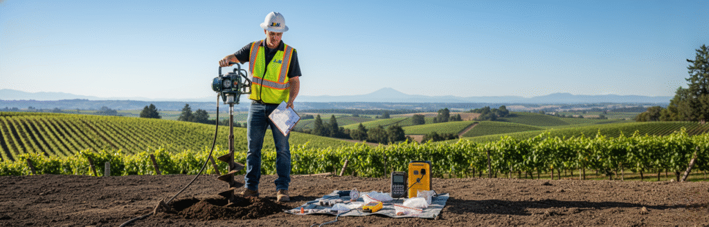 construction engineer conducting soil testing on a residential lot.