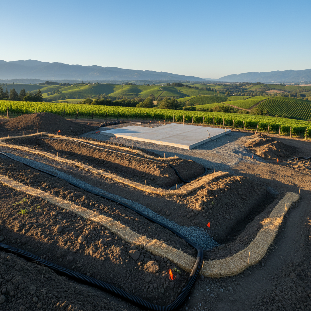 residential construction site with proper grading and drainage setup.