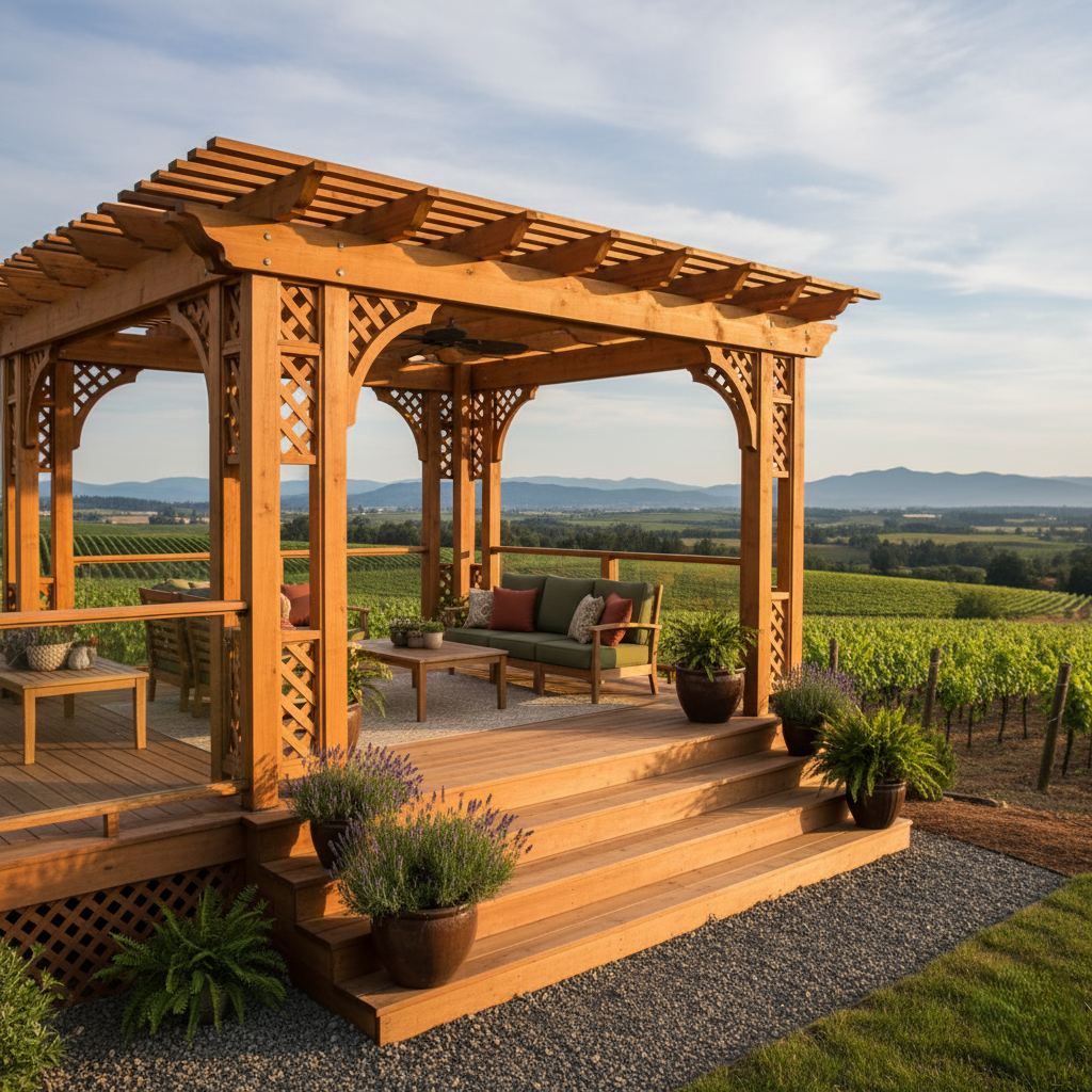 A beautiful deck or pergola in the Willamette Valley.