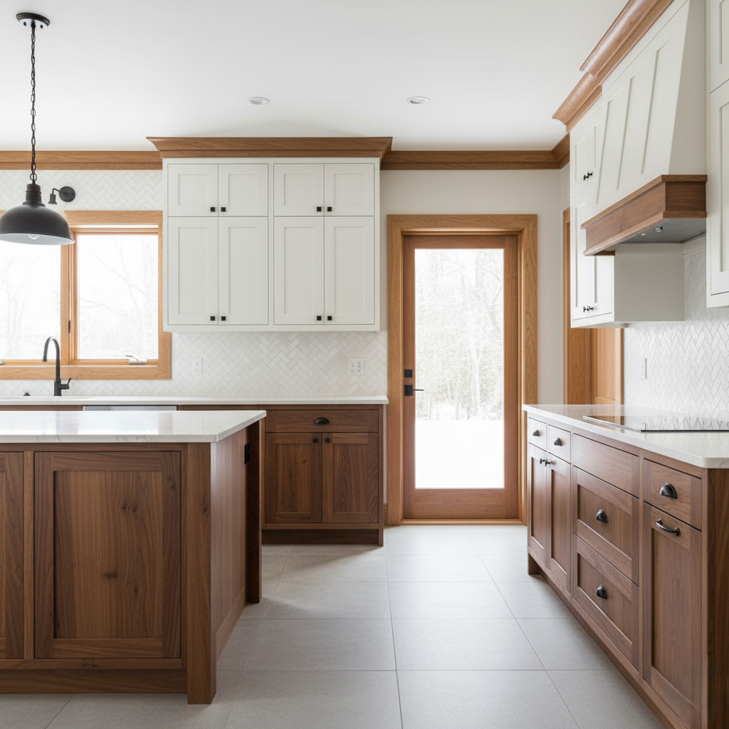 A kitchen with mixed tone cabinetry and matching trim