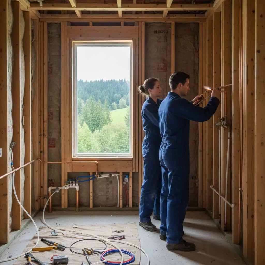 professional plumbers preparing water lines for a bathroom conversion.