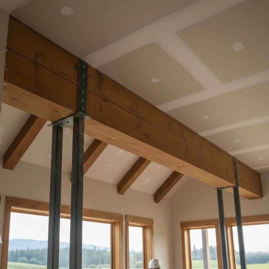 Close-up of LVL beam installed into ceiling framing