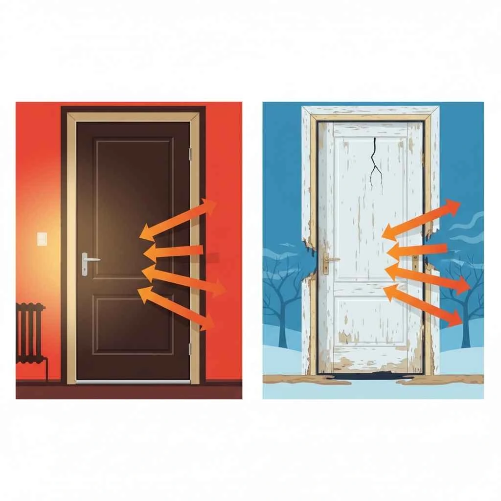  Diagram showing heat retention through a well-sealed door vs. old door