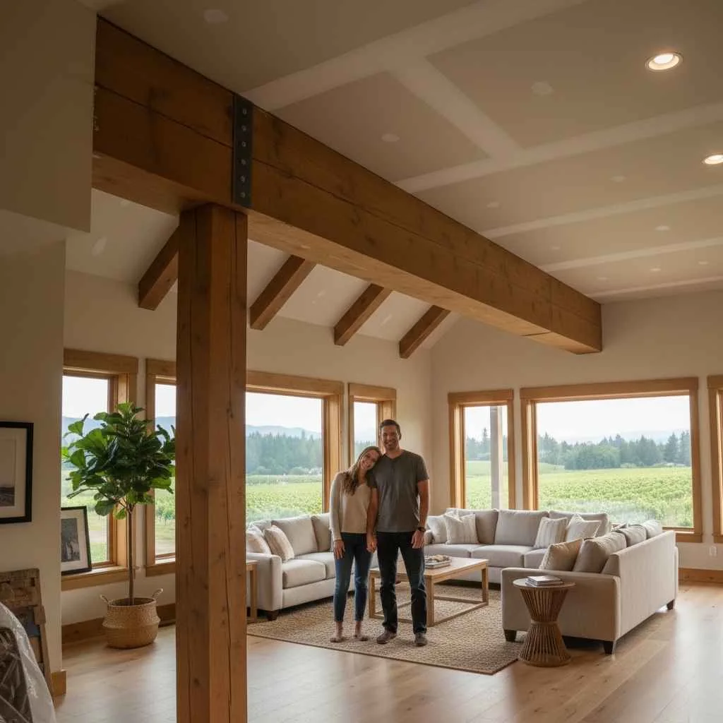  Happy homeowners viewing completed open-concept renovation