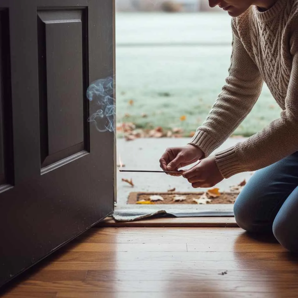 Homeowner checking draft under an exterior door