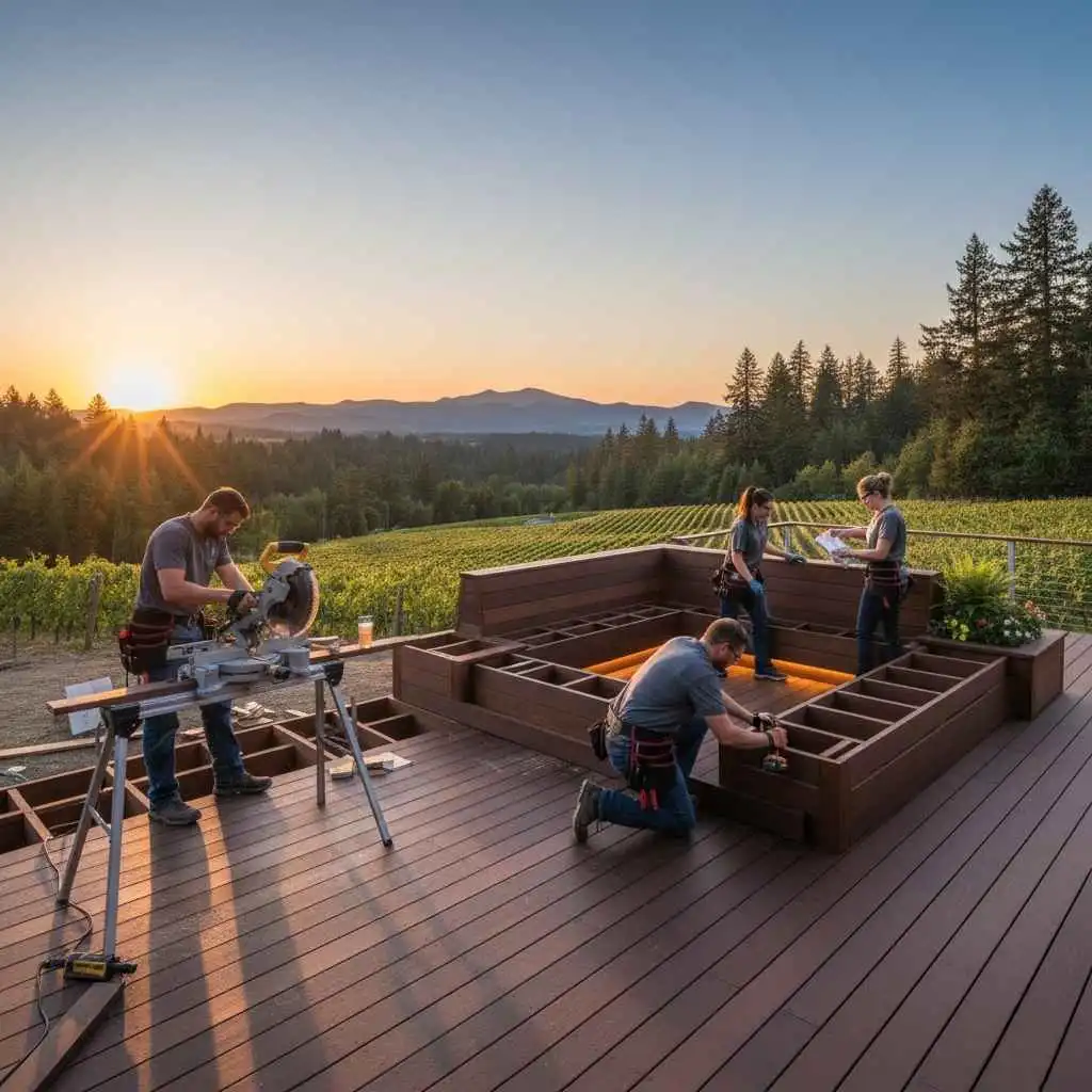 Professional deck builders installing built-in bench seating