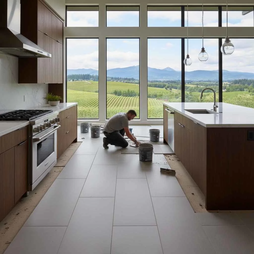 Professional flooring installation in progress in a Willamette Valley kitchen