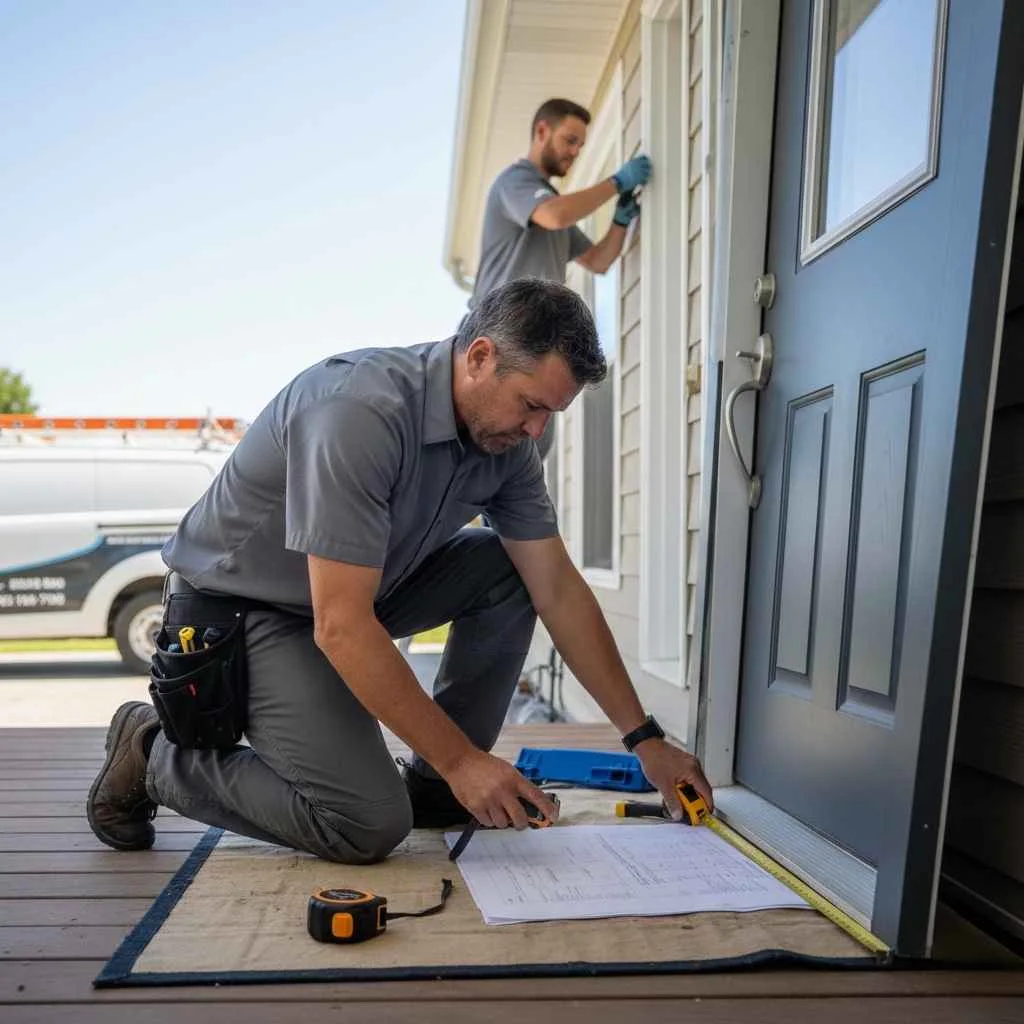 Professional technician measuring and installing exterior door
