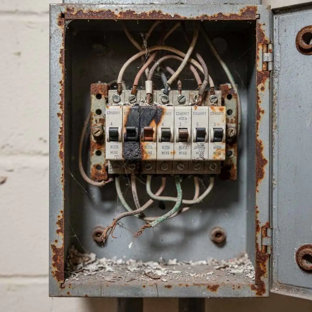 Close-up of worn electrical panel with rusted components