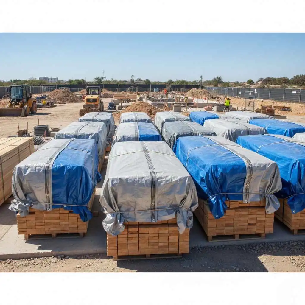 covered lumber stacks at construction site