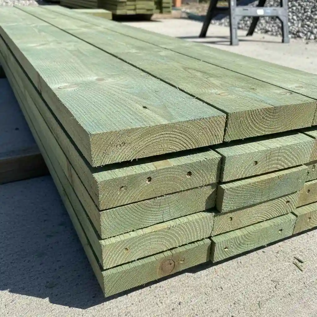 green-tinted pressure-treated lumber