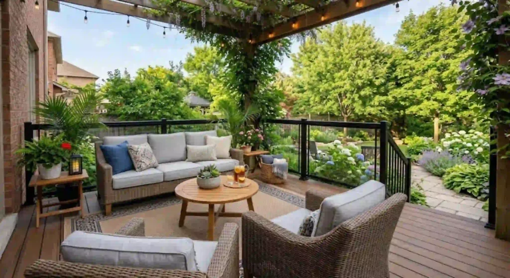 Finished deck with outdoor seating setup