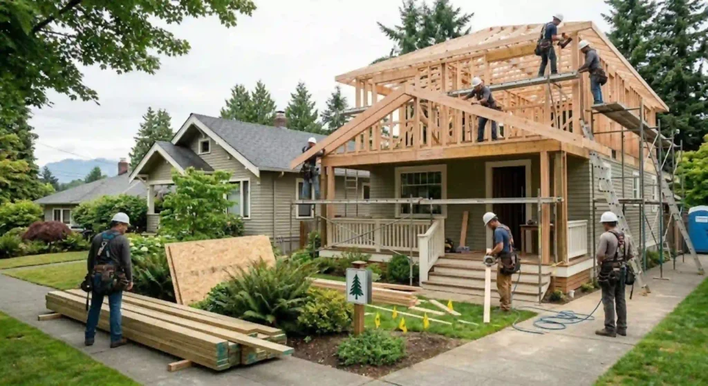 construction team working on framing