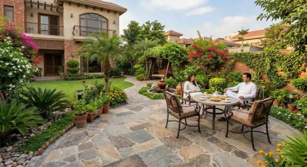 stone patio design in residential yard