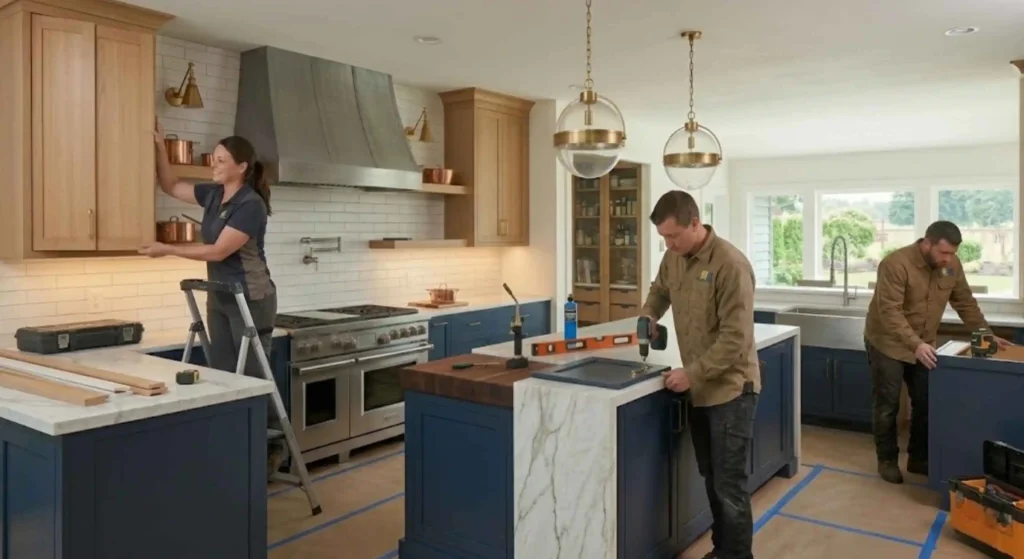 Kitchen remodeling team installing custom cabinets in Canby