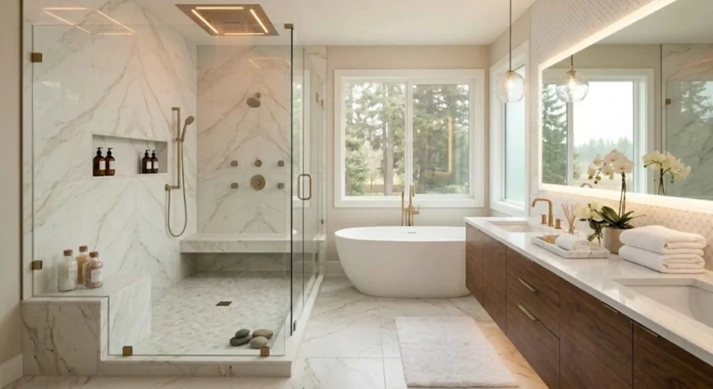 Luxury bathroom renovation Canby OR with modern walk-in shower