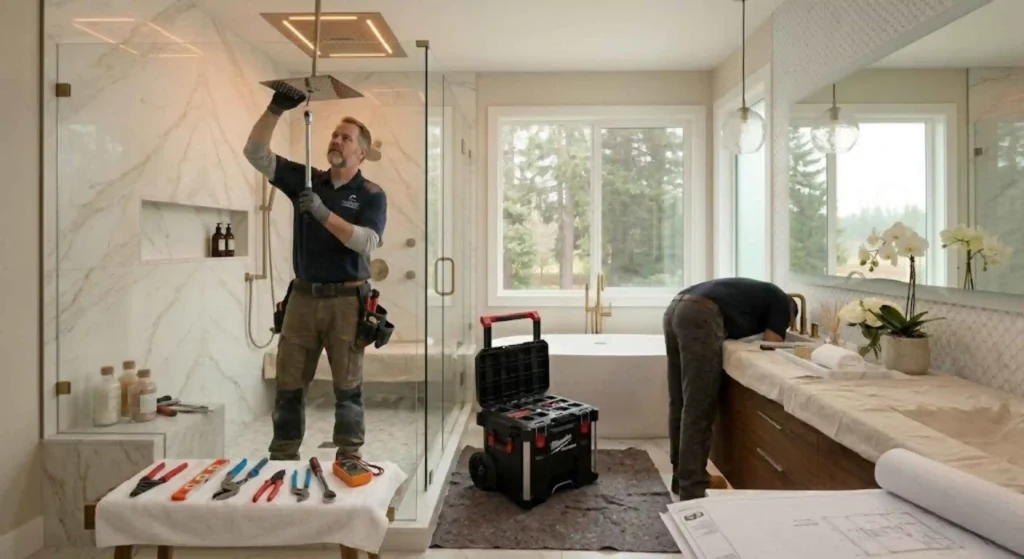 Professional contractor installing bathroom fixtures in Oregon home