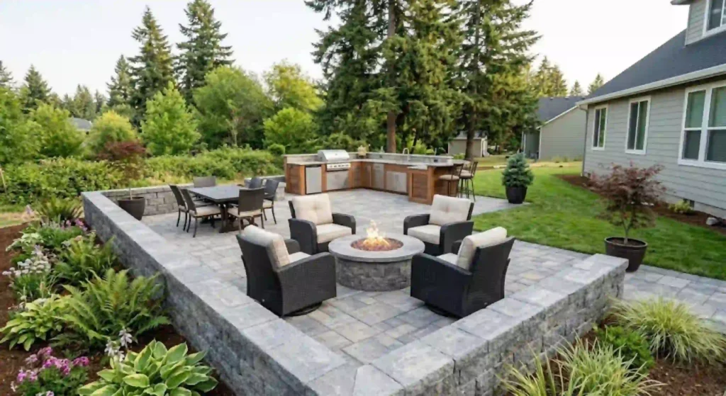 Custom outdoor living space patio construction in Canby Oregon backyard