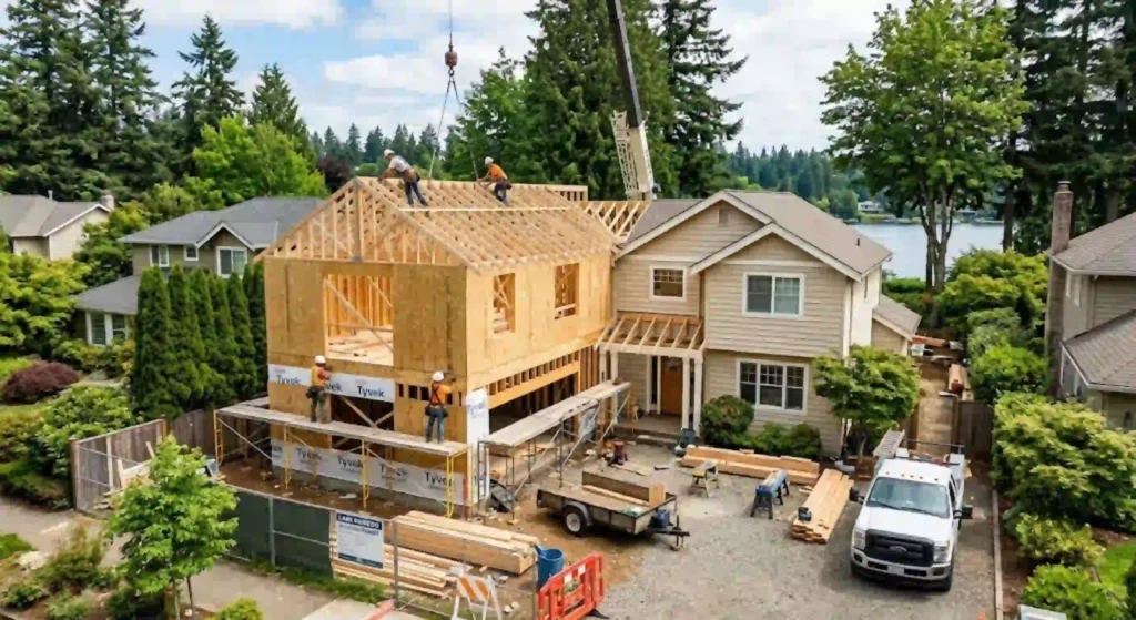 Home addition construction creating extra living space in Lake Oswego