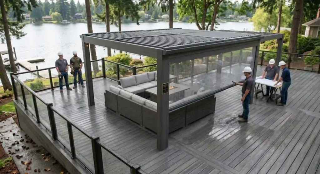 Composite deck with pergola designed for Lake Oswego weather