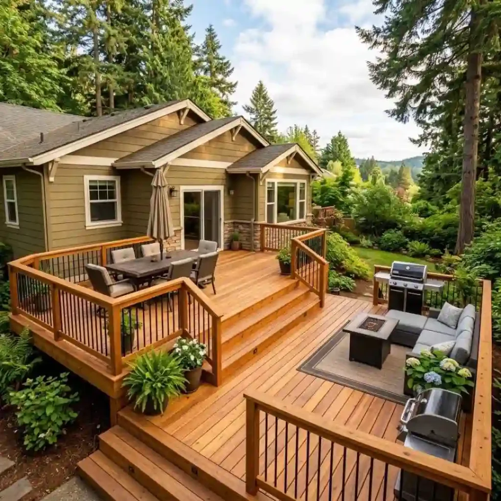 Custom Oregon City wood deck with built-in seating and outdoor dining area