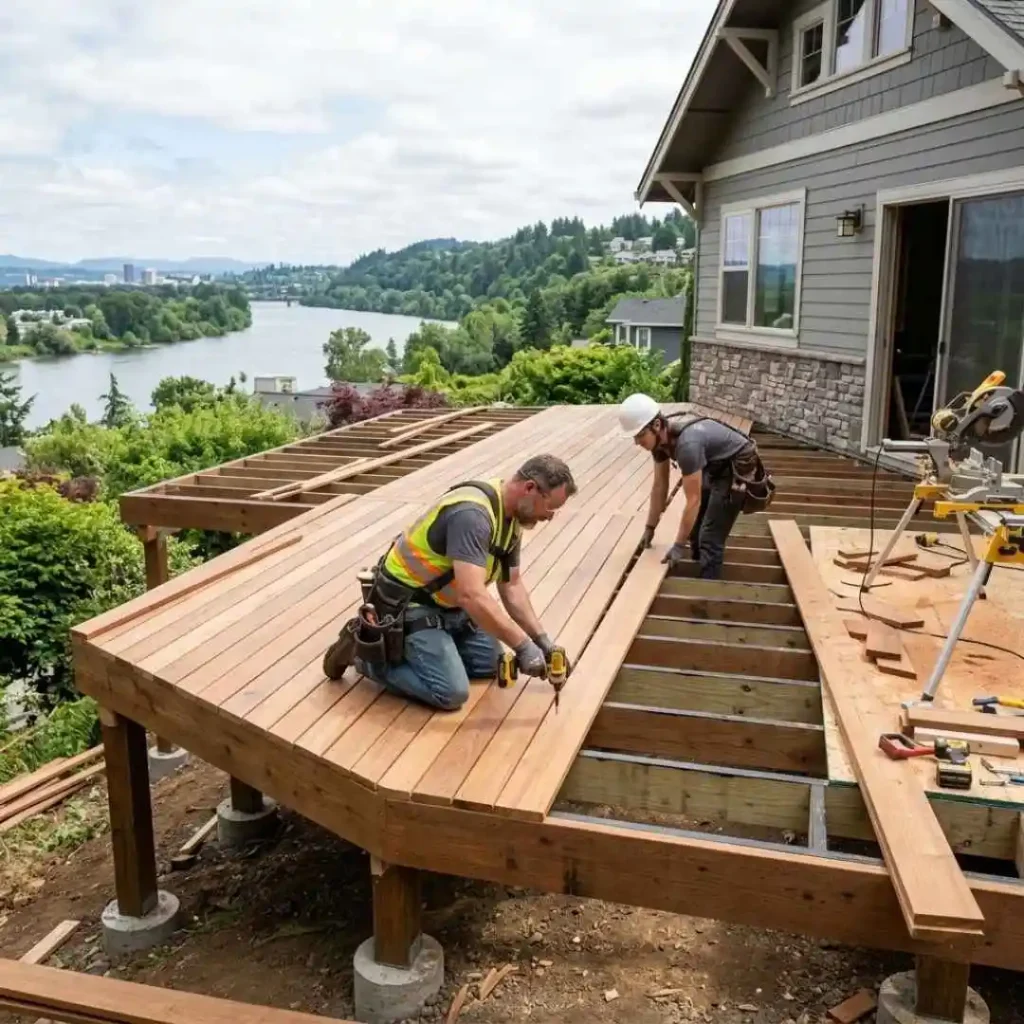Professional deck builders constructing a wood deck in Oregon City