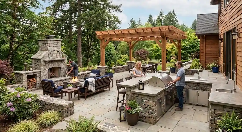 Custom patio construction creating an outdoor entertainment space in Canby Oregon