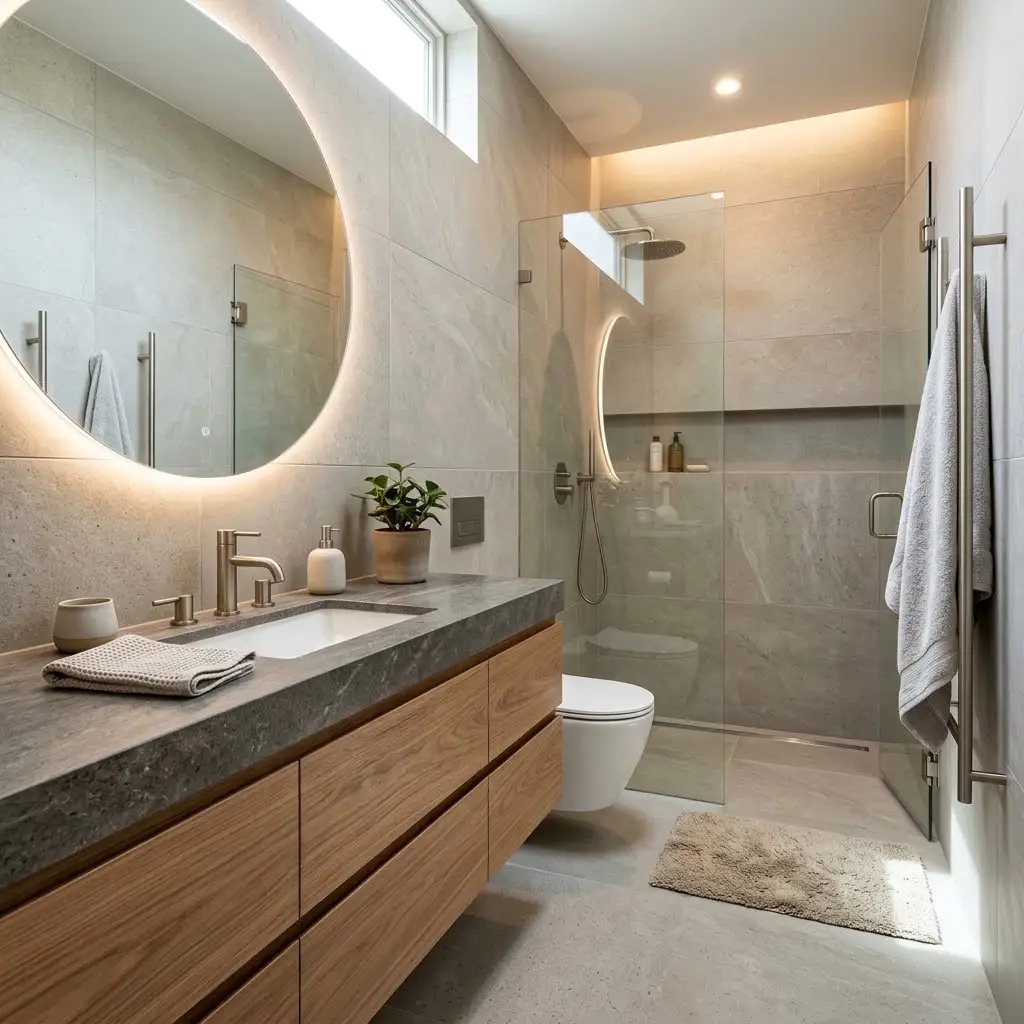 Luxury bathroom renovation with custom vanity cabinetry, premium tile, and modern fixtures