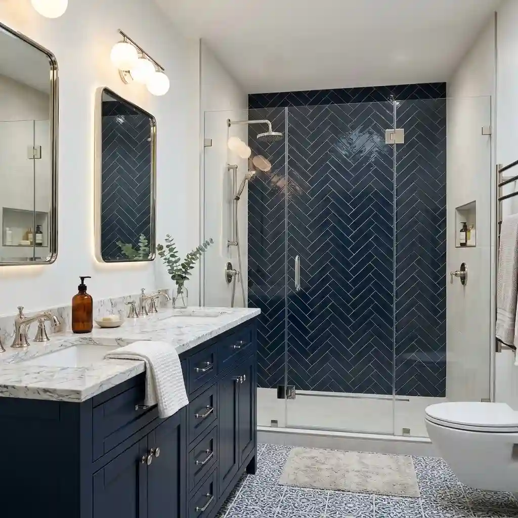 Professionally remodeled luxury bathroom combining practical storage, modern fixtures, and high-quality finishes.